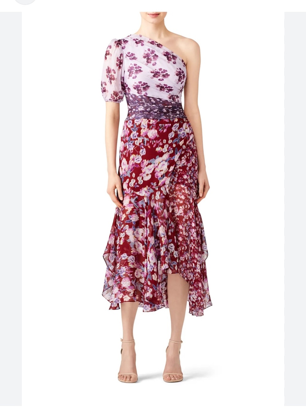 AMUR Burgundy & Lilac Floral Asymmetric Midi Skirt